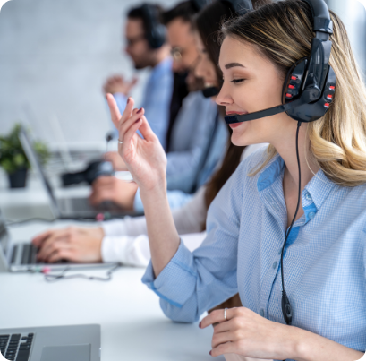 Call center agent smiling and talking